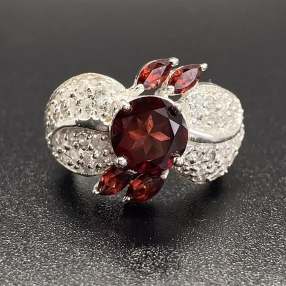 Jewelry - Garnet & White Topaz Sterling Silver Cocktail Ring
